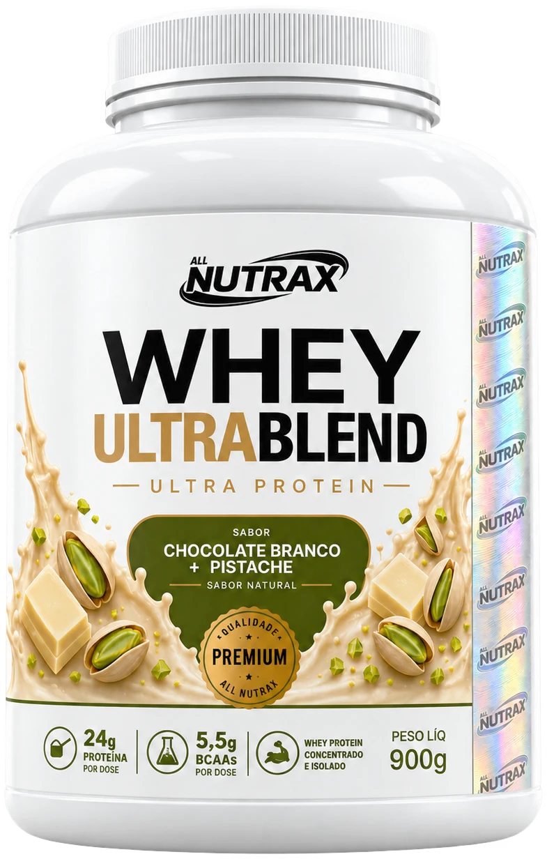 Pote de Whey UltraBlend All Nutrax sabor Chocolate Branco com Pistache, 900 g